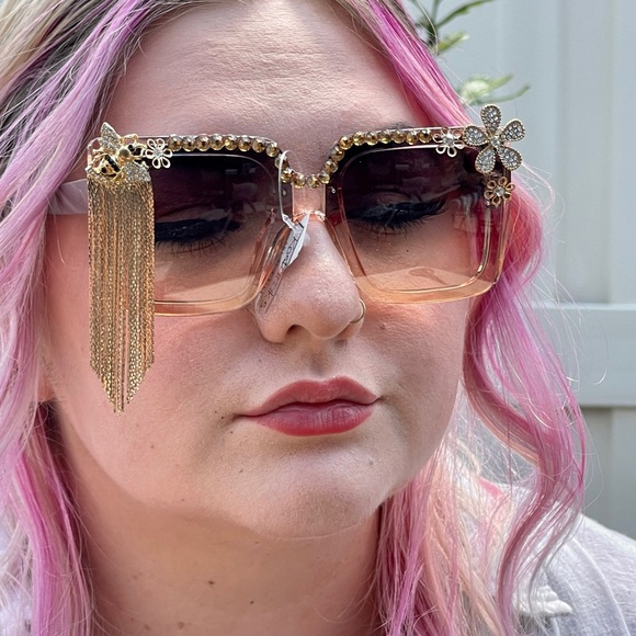 Handcrafted Unique Floral Rhinestone Chain Trim Sunglasses Festival Wear NWT - Picture 5 of 8
